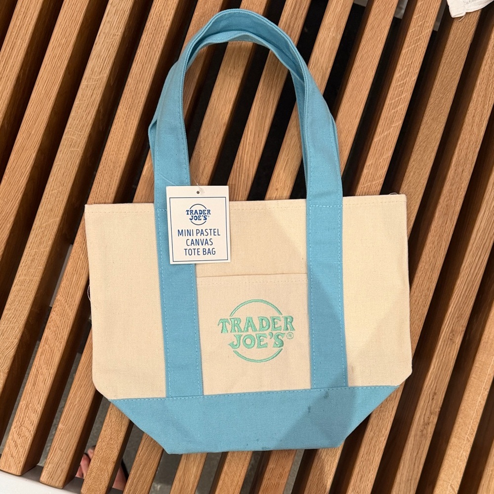 Trader Joe's Mini Pastel Canvas Tote Bag - Cream and Blue